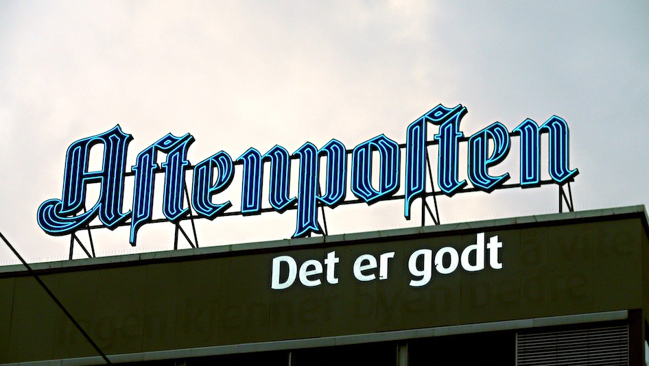 A sign for the Aftenposten newspaper in Oslo, Norway