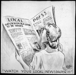 A World War II cartoon calling on people to read their local newspaper for information. 