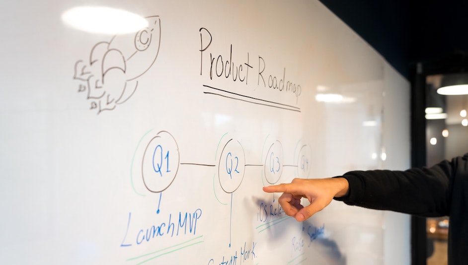 A product roadmap diagram on a white board, by Slidebean from Unsplash