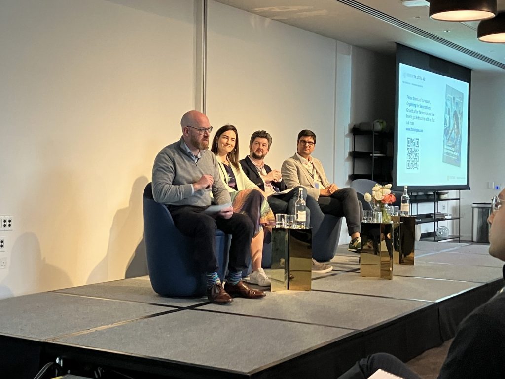 Tim Part (FT Strategies), Isabelle Campbell (VP of Portfolio and Programmes, Product and Technology, Financial Times), Nicholas Holmes (News Ecosystem and Strategy Manager, EMEA, Google), Leo Xavier (Director of Product Management, Observador) photo by Kevin Anderson