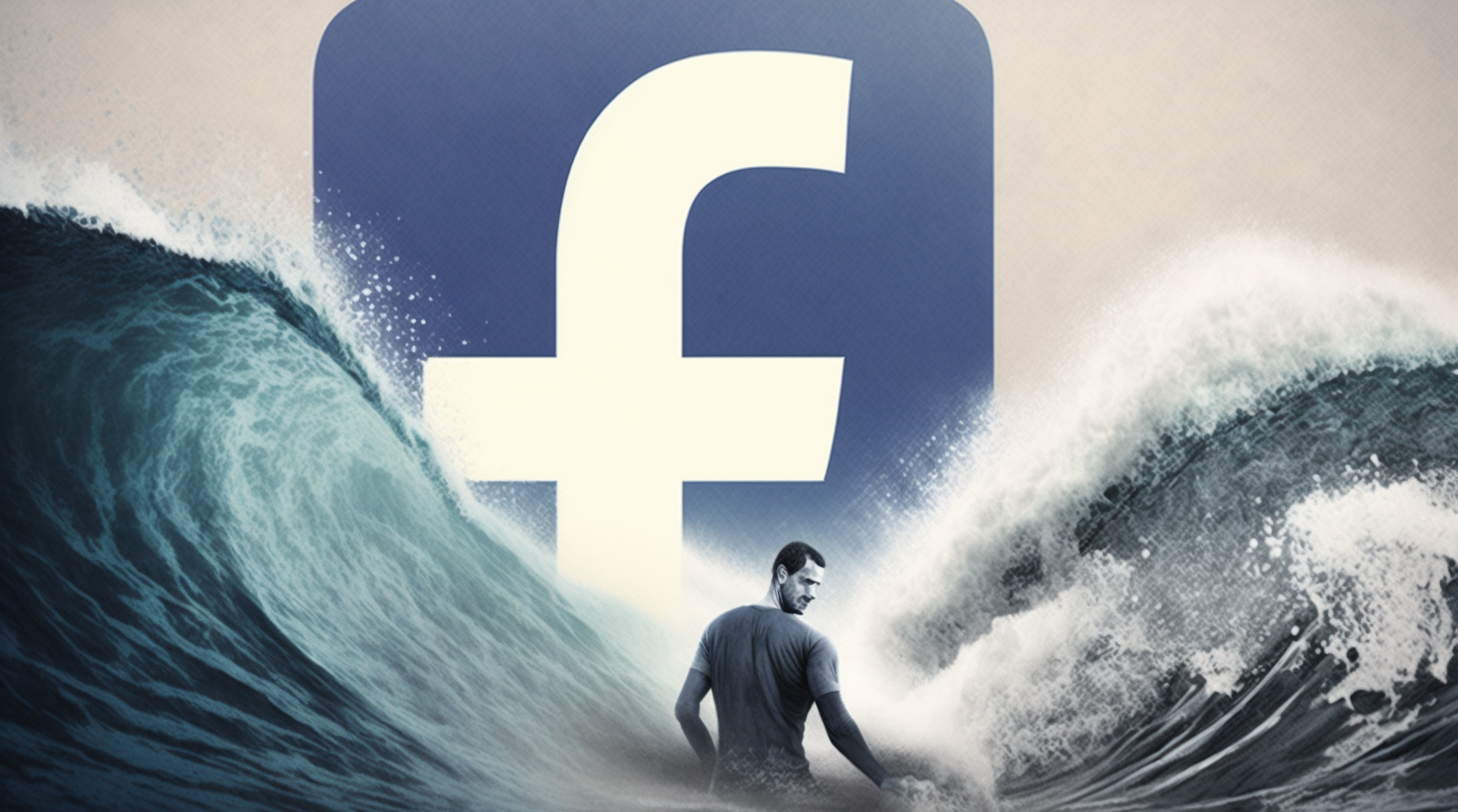 Waves break over a surfer with a large Facebook logo looming in the background. BuzzFeed has shuttered its news operations and cited the lack of support from platforms as a reason. Illustration created using Midjourney.