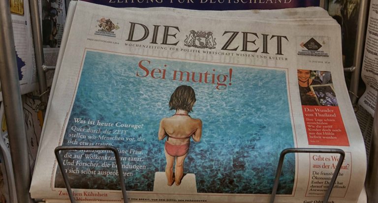 The front page of Die Zeit newspaper with the headline Be Brave! in German. Photo by Gerard Stolk, from Flickr.