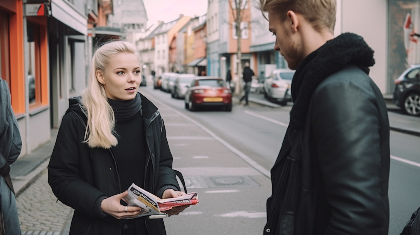 Research has found that Norwegian young adults find subscriptions a burden. Image from Midjourney prompt a Norwegian young adult says no to a magazine salesman on the street