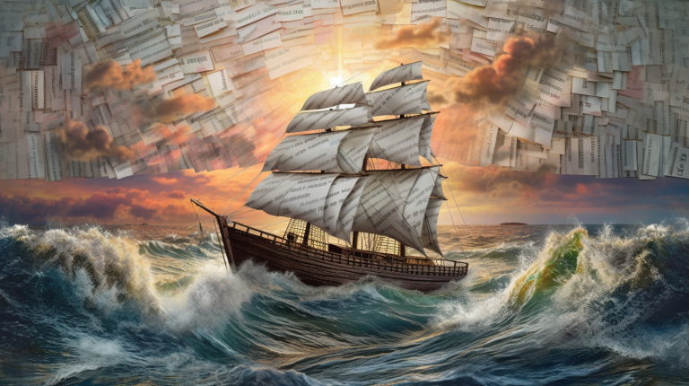 A boat made of newspapers sails through the sunset.