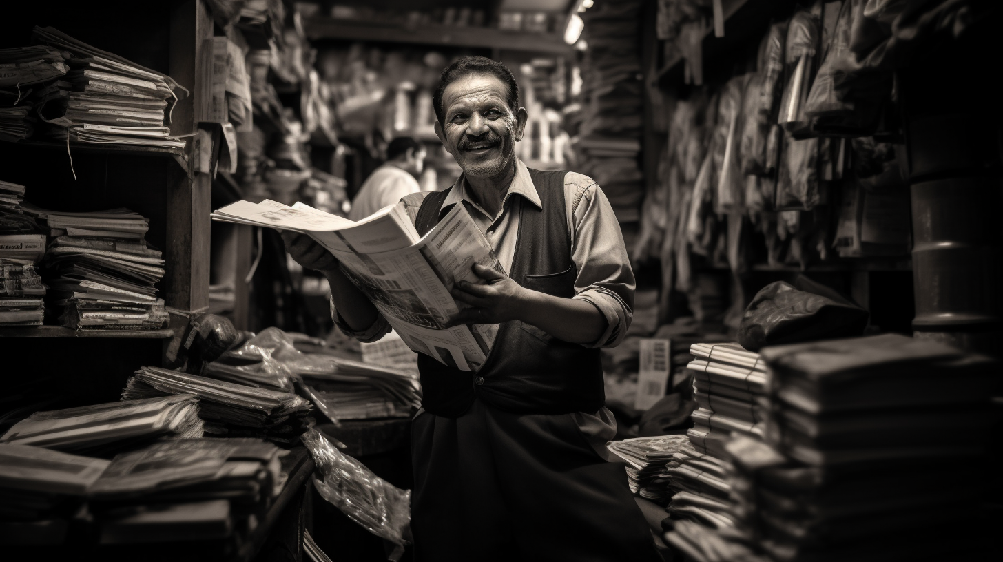 A newstand seller has his arms full of newspapers and magazines, offering them to a customer who is not in the image. Image by Midjourney prompt a shop seller loads up a customers arms with magazines and newspapers