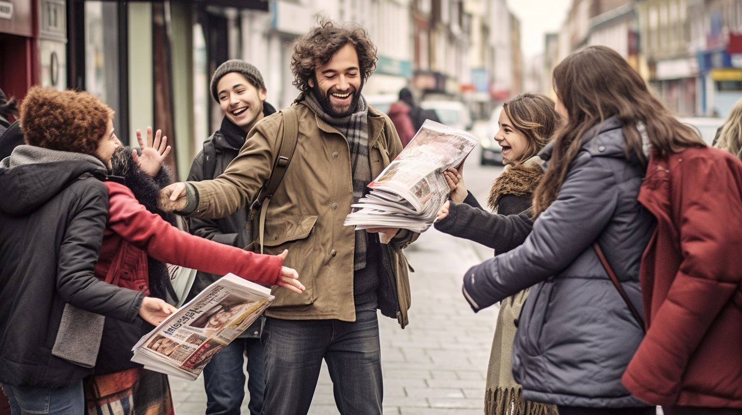 Direct visits are down so publishers have some work to do to build relationships with their audiences. Illustration by Midjourney prompt: of a man handing out magazines to happy people on the street.