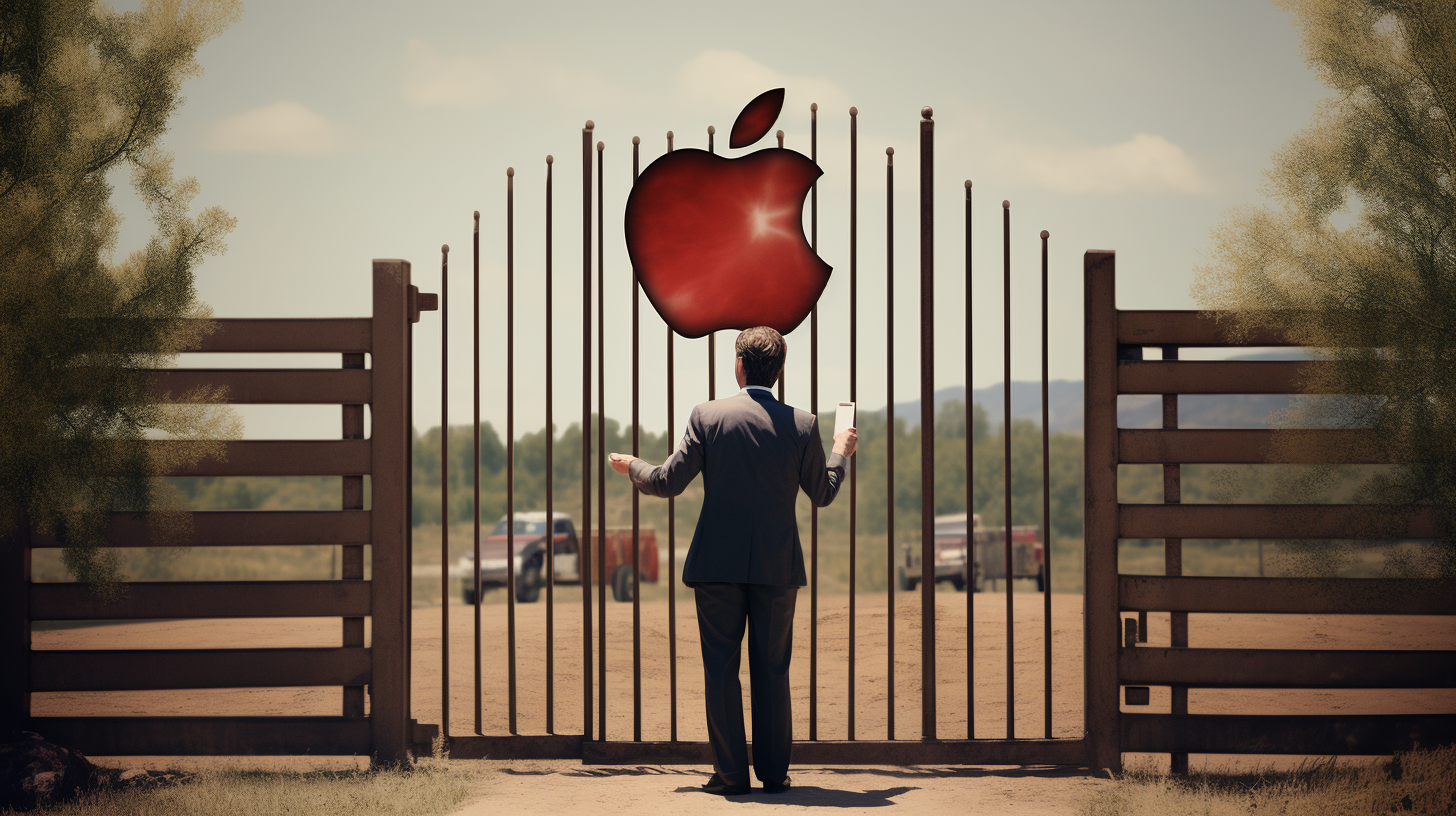 A man dressed like an ad executive in Mad Men stands at a gate with an Apple Logo. Apple has made changes that will strip out link tracking parameters, which will affect your ability to track user behaviour. Image by Midjourney.