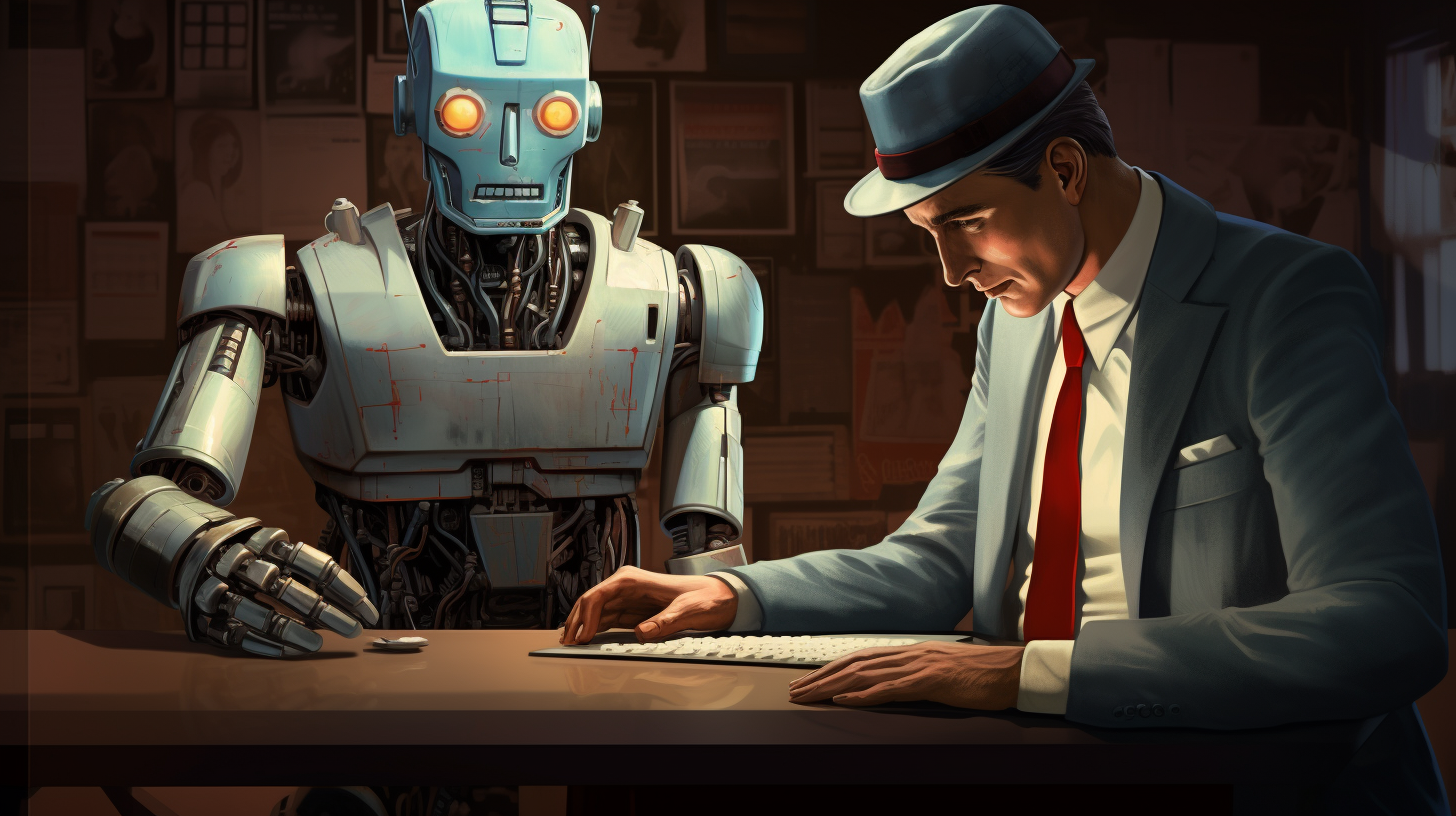 Media leaders should not repeat the mistakes of meeting the digital challenges of the past when dealing with AI, Stuff's Sinead Boucher told an INMA conference. Image by Midjourney A journalist dressed in a 1950s suit with a fedora faces a menacing robot