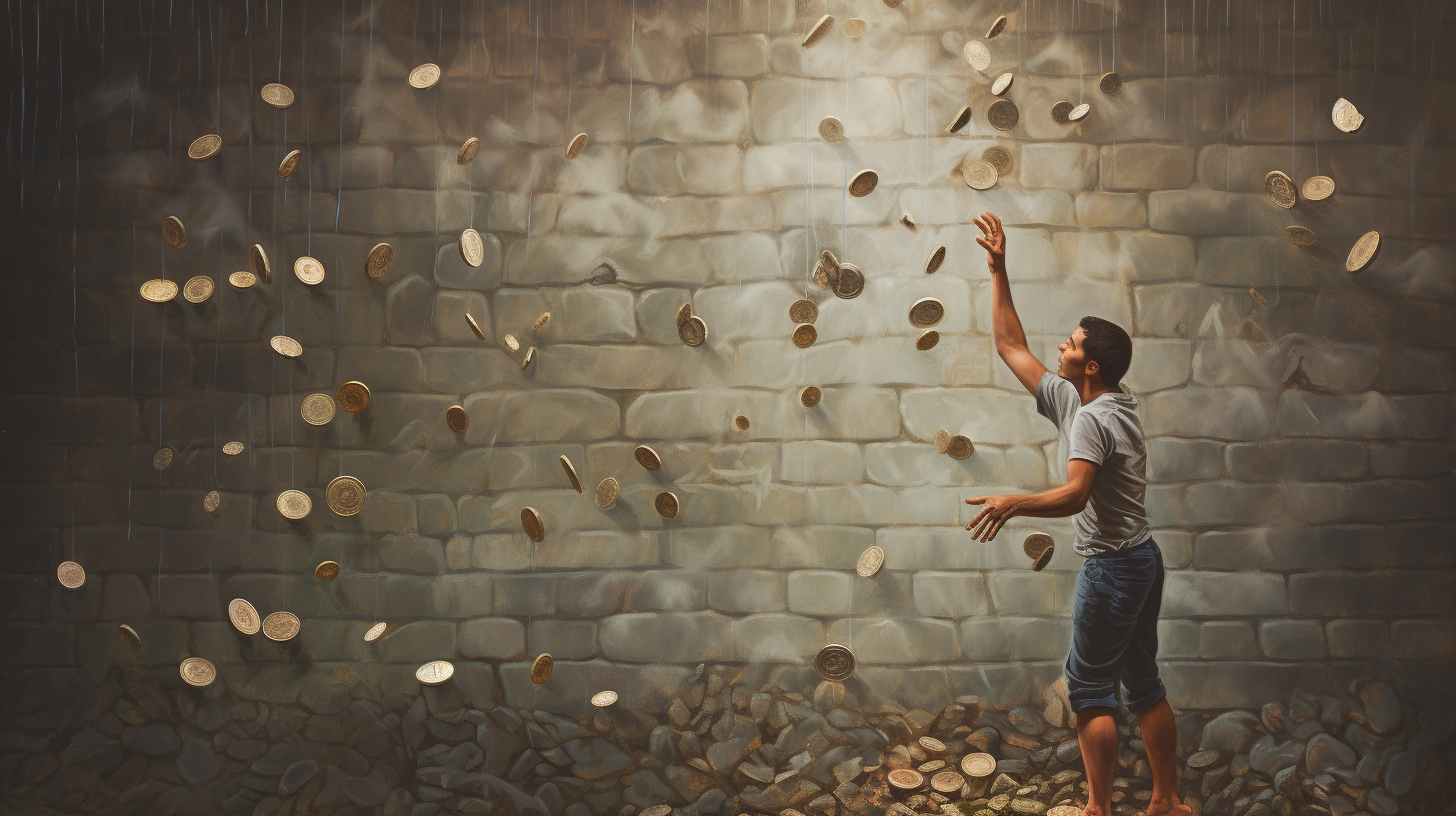 A man tries to catch coins falling in front a wall. Blendle has ended its micropayment service. What future does the model have. Image by Midjourney prompt a man tries to catch small coins thrown by people standing on a wall above him