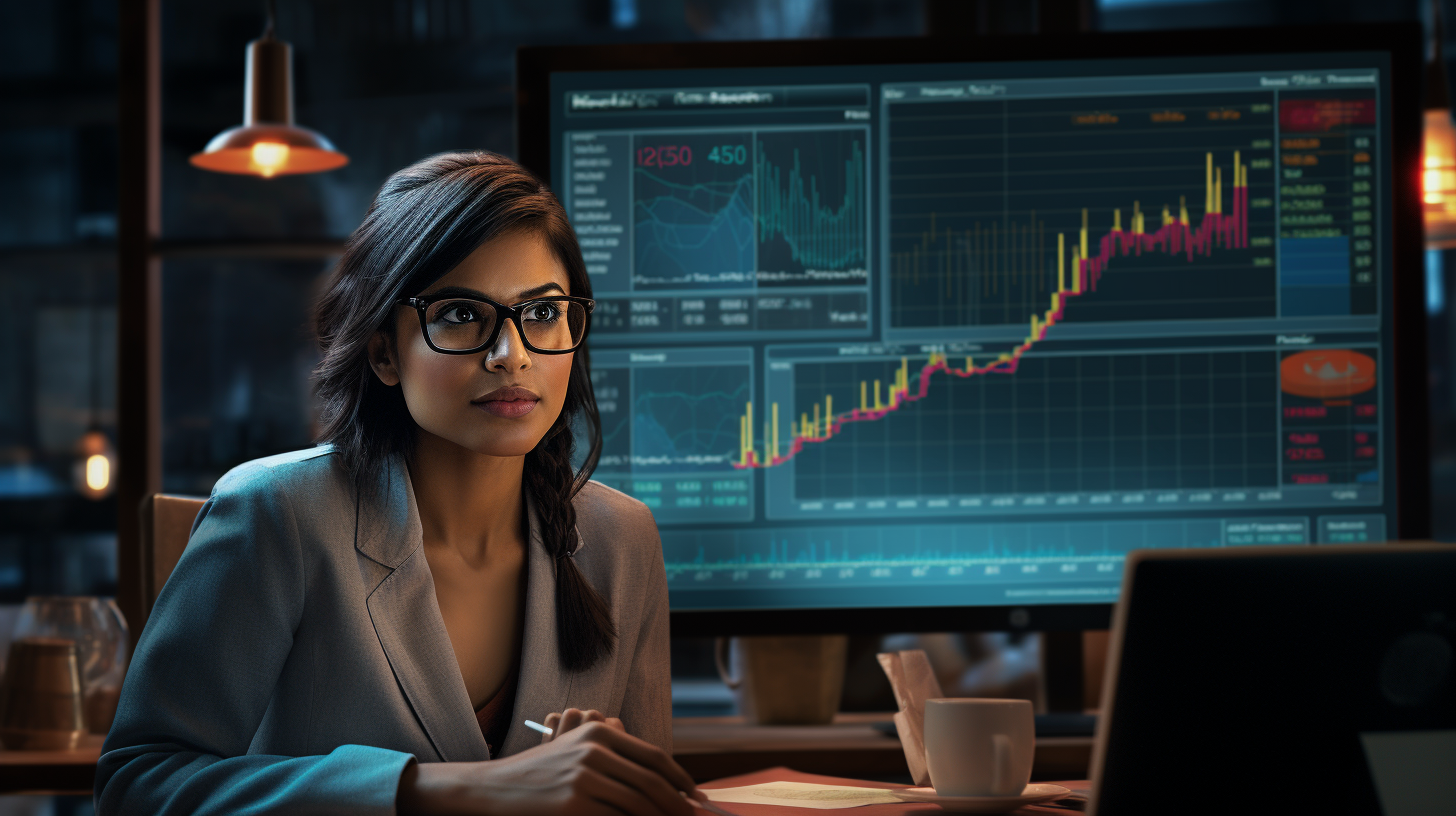 An Indian professional woman sits in front of a large screen displaying data dashboards. We cover the lessons from The Hindu Group's use of data in growing their digital subscriptions business. Image created using Midjourney. Prompt an Indian professional sits in front of a large computer screen that is displaying a news website. She has a tablet computer visible to the viewer showing a graph with a line going up.