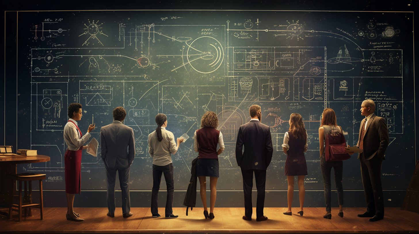 WAN-IFRA has compiled nine case studies of how news organisations have developed data cultures that support their success. In the image, a group of men and women stand in front of a chalkboard with complex equations. Image by Midjourney