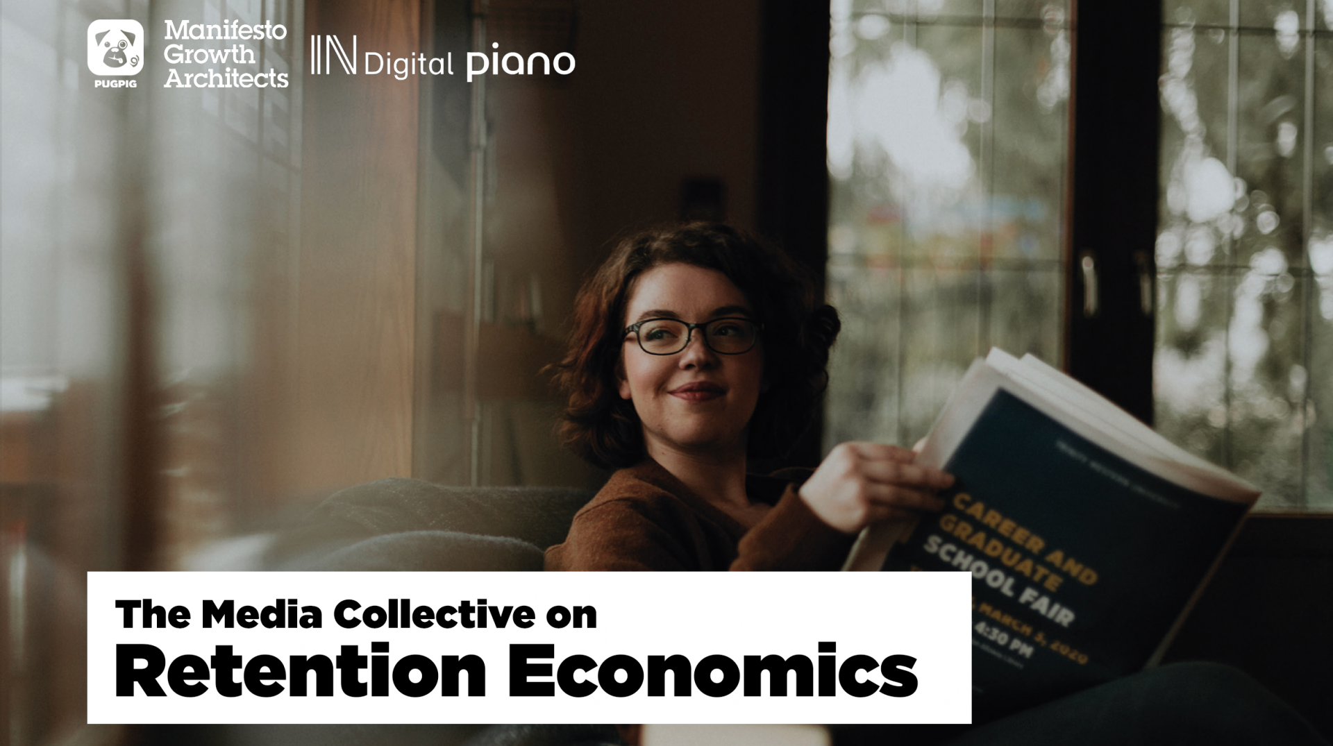 A woman reads a magazine on the cover of the Media Collective's Retention Economics report.