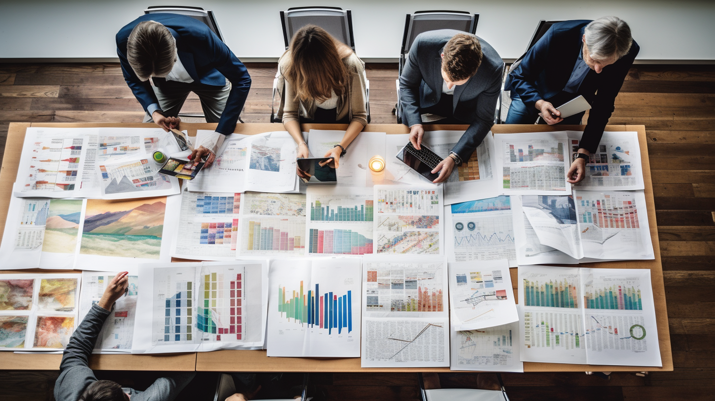 A group of business people review charts and graphs laid out on a table. In this edition of the Media Bulletin we review the evolution of engagement metrics. Image by Midjourney