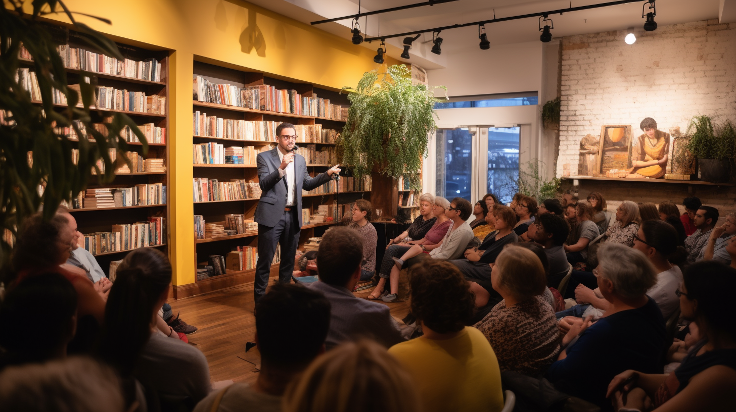 Publishers are launching community strategies to create premium products for their most engaged audiences. Image by Midjourney from the Prompt An author reads a book in front a room full of rapt fans