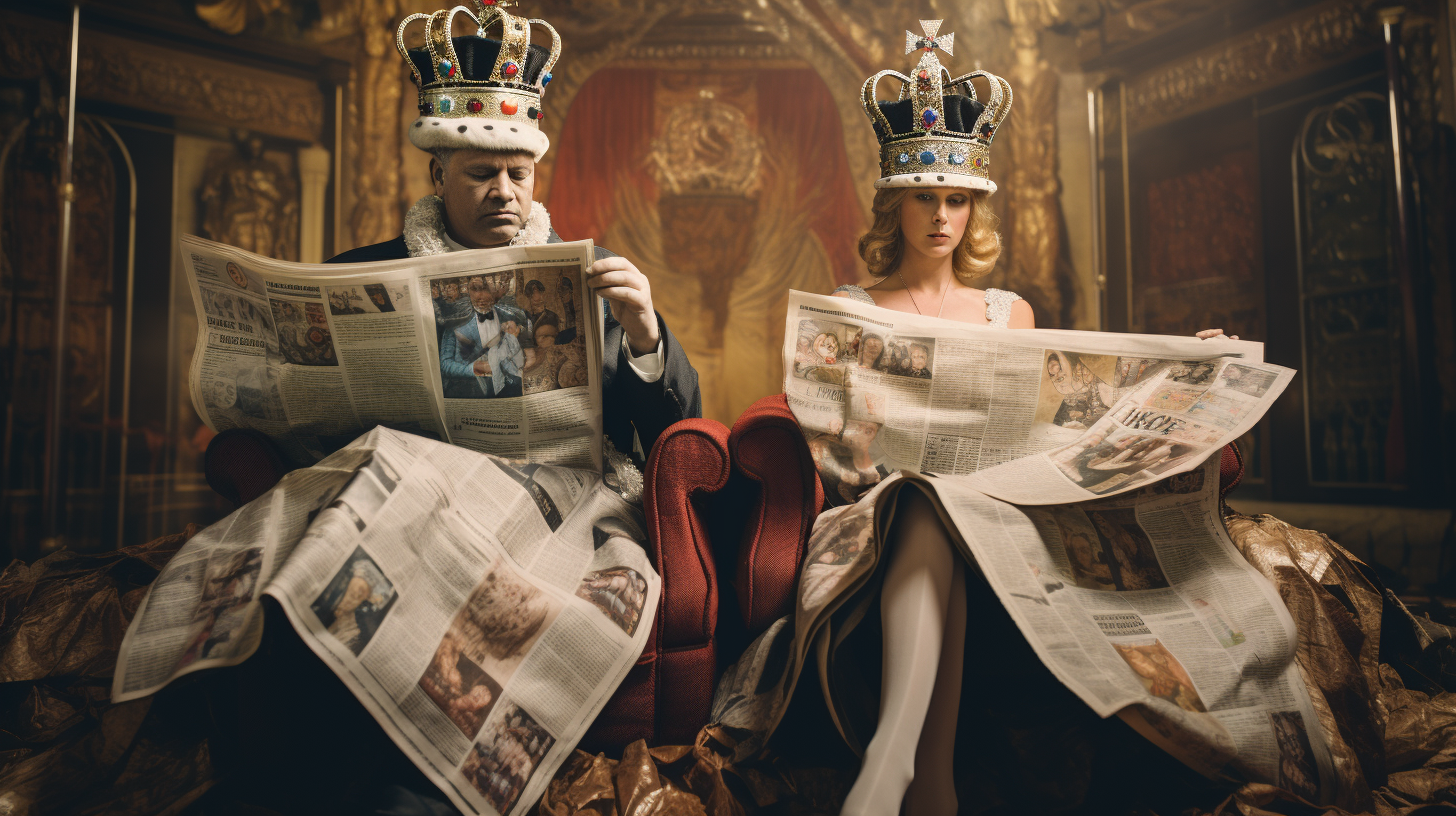 A king and queen sit on their thrones reading newspapers. Media executives expressed concern that a focus on subscriptions could lead to their journalism only being read by the wealthy and educated. Image by Midjourney