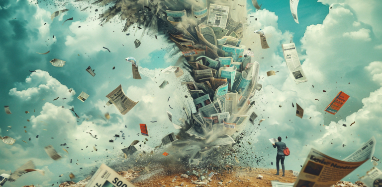 A fantasy image of a tornado of newspapers and magazines with people reading them in the surrounding area. Large news publishers are focusing on conversion first and then building habit amongst these new subscribers. Image by Midjourney