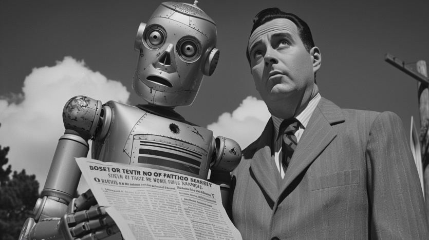 Publishers have been using AI technology for years, applying it to various projects or as a feature in the digital tools they use. That hasn't changed. Image by Midjourney. A photorealistic image of a robot dressed as a newspaper report from the 1950s standing next to a human reporter from the 1950s.