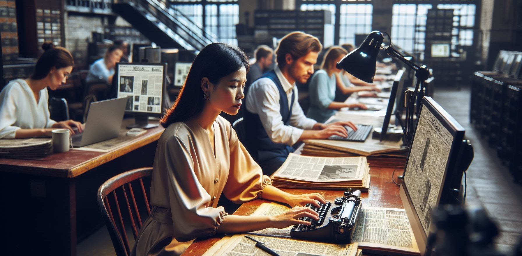 Journalists sit in a newsroom using a mix of futuristic tools and an old-fashioned typewriter. Image by Microsoft Copilot News organisations are using AI tools to allow them to focus on higher-value activities.