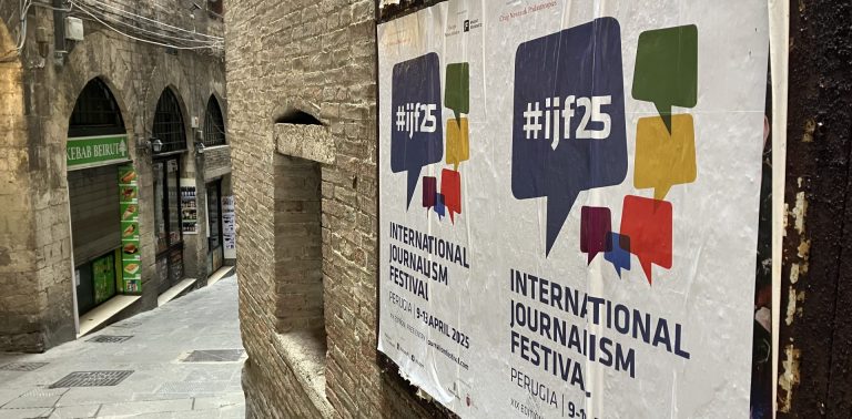 A sign for the 2025 International Journalism Festival in Perugia, Italy. Photo by Kevin Anderson