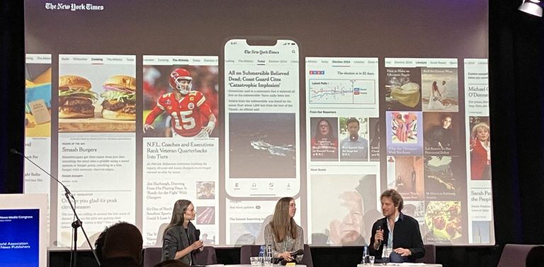 Kristen Dudish, the vice president of product design, and Emily Withrow, the vice president of product and head of subscriber experiences, at the New York Times discuss the major redesign of their app with journalist Christophe Israël at WAN-IFRA's 2025 World News Media Congress. Photo by Kevin Anderson
