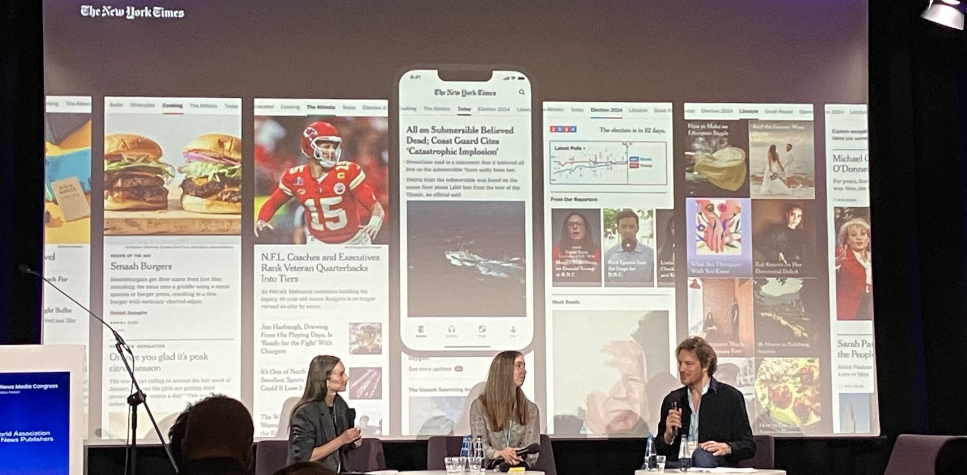 Kristen Dudish, the vice president of product design, and Emily Withrow, the vice president of product and head of subscriber experiences, at the New York Times discuss the major redesign of their app with journalist Christophe Israël at WAN-IFRA's 2025 World News Media Congress. Photo by Kevin Anderson