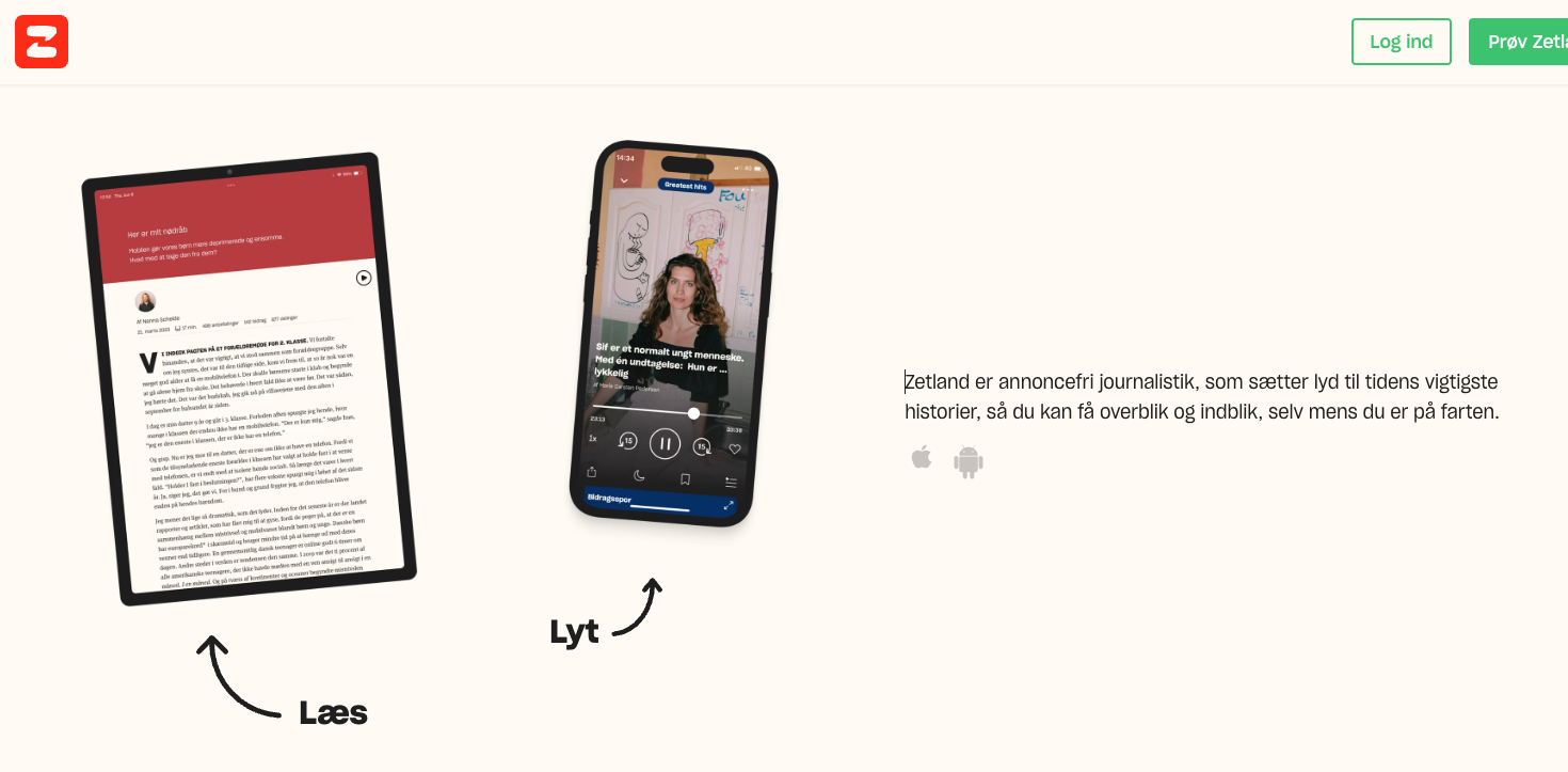 A screenshot of the Zetland site, saying in Danish that their journalism is available to read or listen to. Screenshot from Zetland